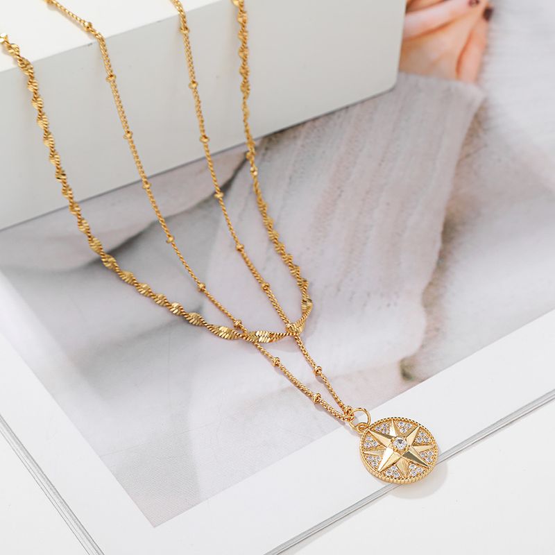 Double layer detachable eight pointed star necklace simple color preserving gold necklace set_voghion.com