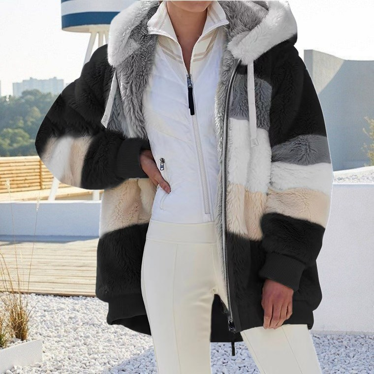 Autumn and winter warm plush patchwork zipper pocket hooded loose coat for women_voghion.com