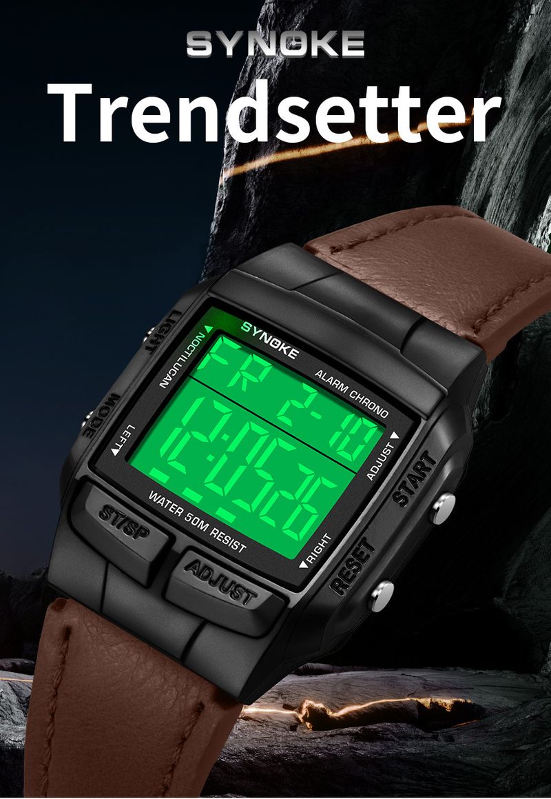 Men's Classic Retro Square Digital Sports Watch With Leather Strap, Waterproof, Multifunctional, Fashionable For Everyday Wear_voghion.com