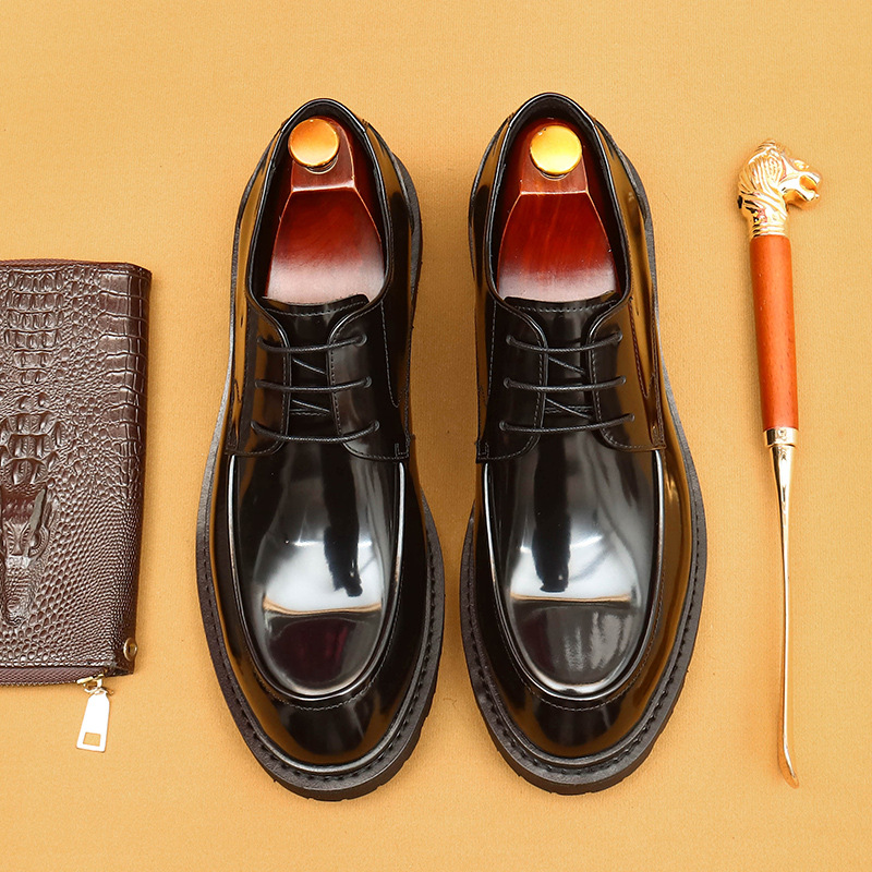 Zapatos Derby de charol brillante estilo británico informal para hombre, estilo formal, con cabeza grande_voghion.com