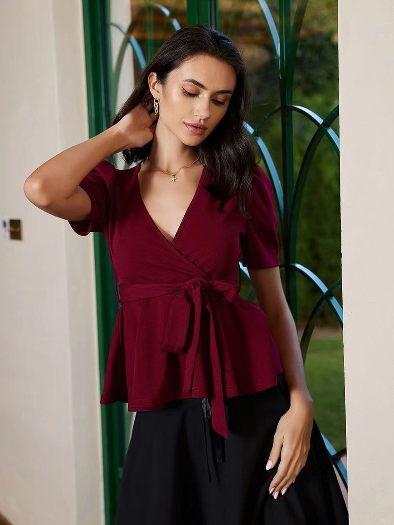 Women's Clothing Lace Belt Top T-shirt Fashion Casual Knit Style Tops_voghion.com