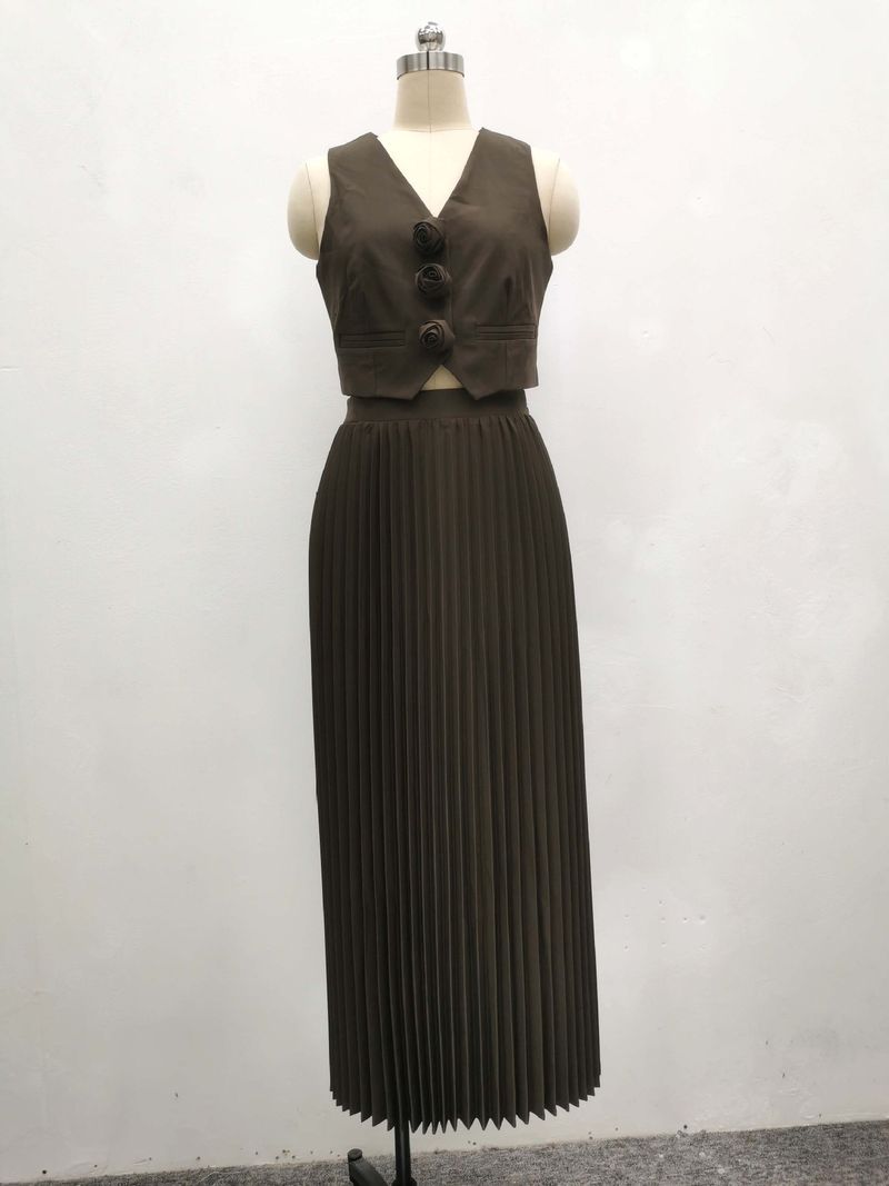 Damenbekleidung, neue Anzüge für Damen, Sommer, ärmellose Weste, halblanger, plissierter langer Rock, zweiteiliger Anzug_voghion.com