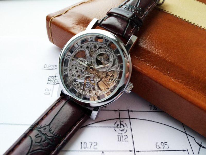 Winner, orologio da uomo con cassa dorata trasparente, design casual, cinturino in pelle marrone, orologio meccanico di lusso_voghion.com