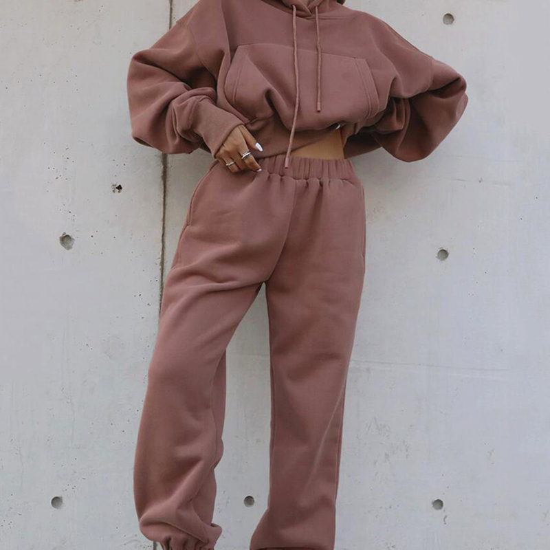 Completo da donna in due pezzi, felpa con cappuccio, pantaloni, top spessi a maniche lunghe, pullover, tasche, pantaloni a vita media, tuta sportiva_voghion.com