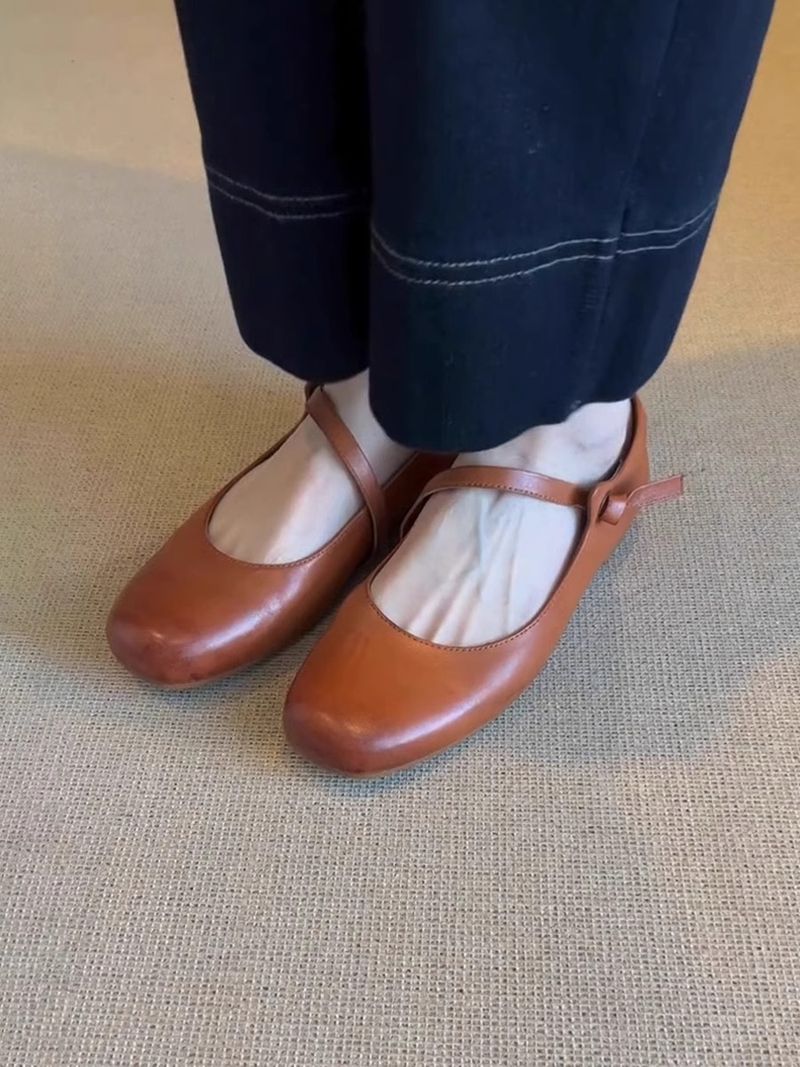 Lancui~ Brown Simple Flat Mary Jane Shoes For Women French Style One Strap Shallow Mouth Versatile Ballet Flats_voghion.com