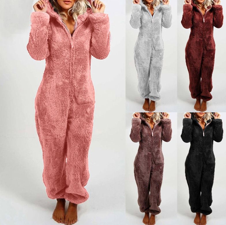 Women's Autumn And Winter Fleece Thickened Fluffy Jumpsuit Home Hooded Bear Pajamas_voghion.com