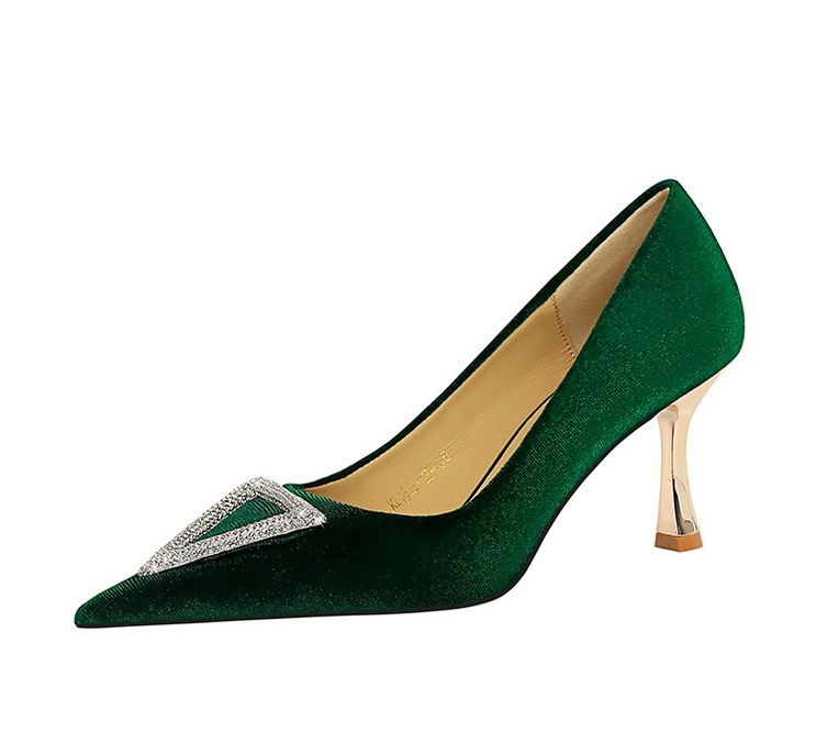 Scarpe con tacco da banchetto, basse in pelle scamosciata imbottita, punta appuntita, scarpe singole con chiusura in strass metallici a triangolo_voghion.com