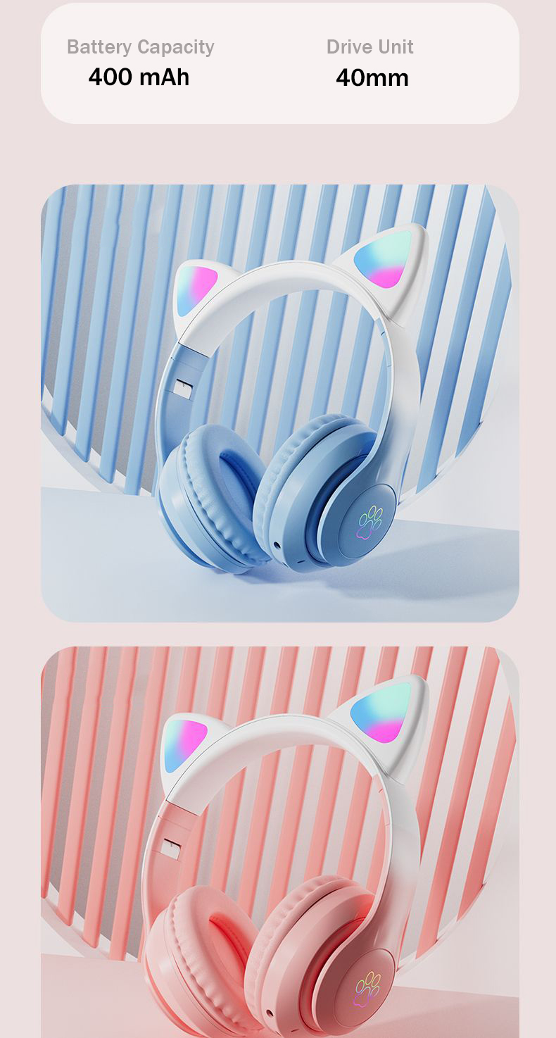 Nuevos auriculares Bluetooth Cat inalámbricos con luz LED de Color degradado con micrófono para niños y niñas, auriculares estéreo para música, regalo para jugadores_voghion.com