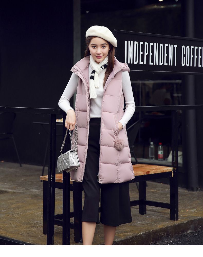 Gilet long sans manches à capuche pour femme, doudoune légère en polyester, coupe ample et oversize, grande taille disponible, style streetwear décontracté._voghion.com