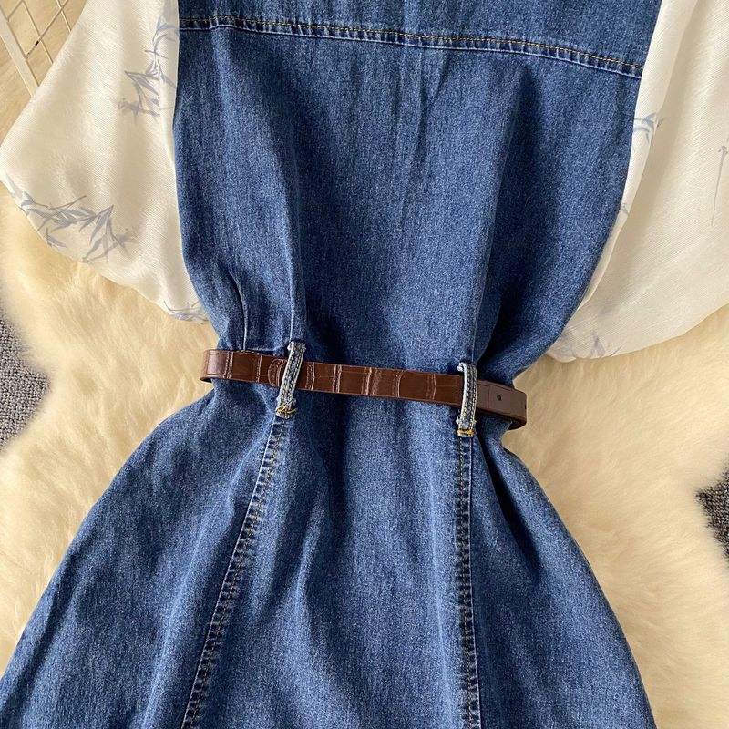Women's summer new style design square collar puff sleeves splicing age-reducing fashion denim long skirt_voghion.com