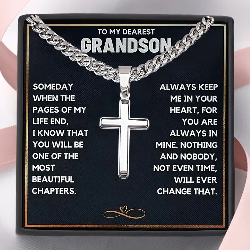 1 Piece To My Grandson Glossy Cross Pendant Cuban Chain With Card Men's Necklace_voghion.com