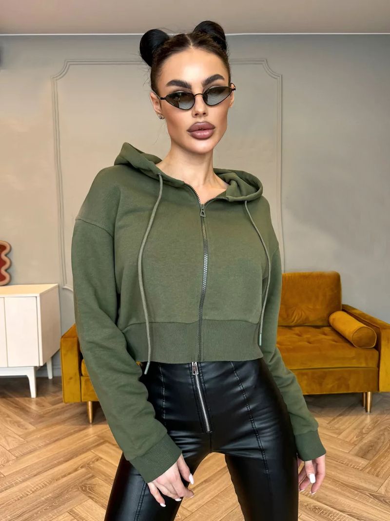 Women's Clothing Long Sleeved Hooded Zipper Cardigan Sexy Cropped Hooded Zip-Up Fleece Sweatshirt Sexy Midriff-Baring Pullover Casual Streetwear_voghion.com