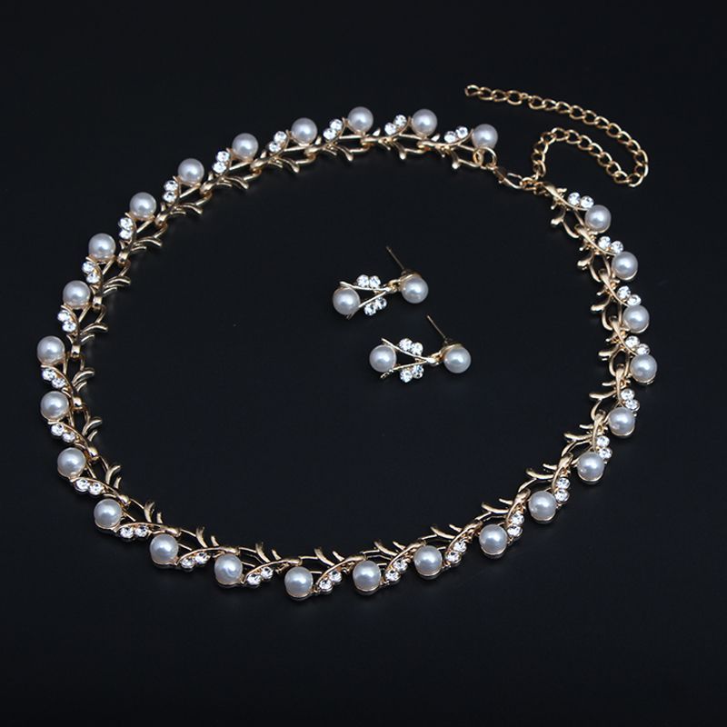 Koreanische version einfache perlen strass halskette ohrring set, modische vielseitig, kleine und frische schlüsselbein kurz_voghion.com
