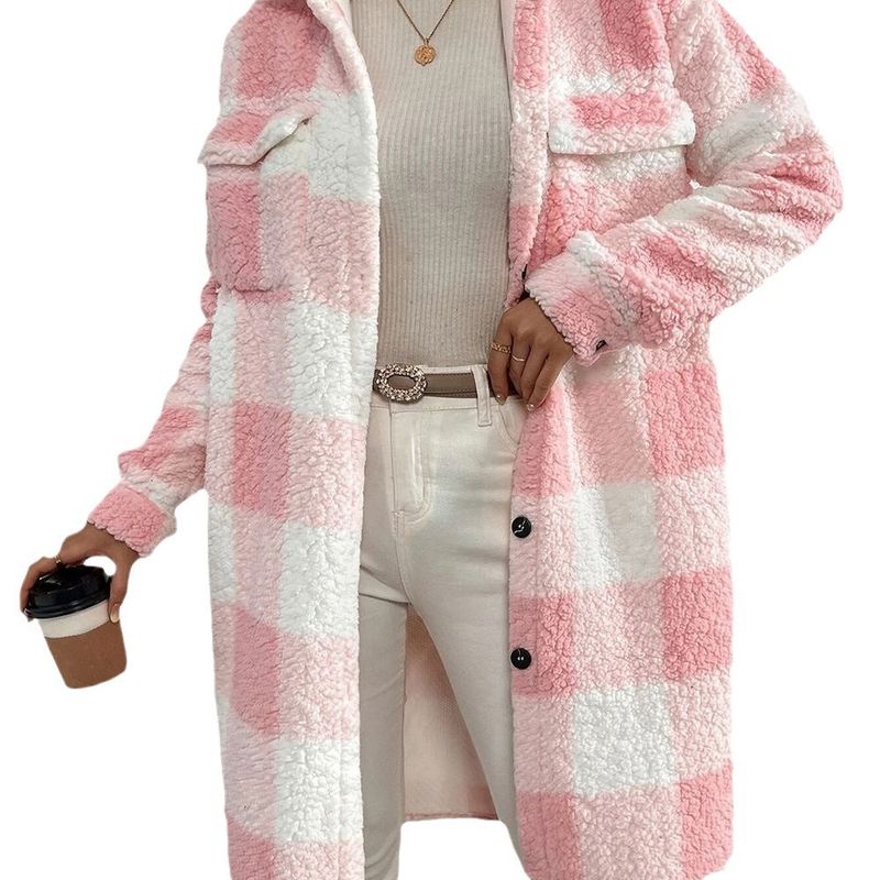 Herbst und Winter Offene Taste Revers Plüsch Plaid Lose Temperament Pendler Lange Mantel Frauen_voghion.com