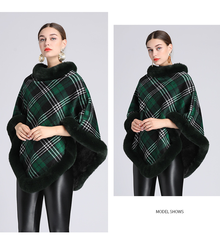 Neues Plaid plus Samt dicker Nachahmung Kaninchenfellkragen Umhang Schal Strickpullover Wollmantel_voghion.com