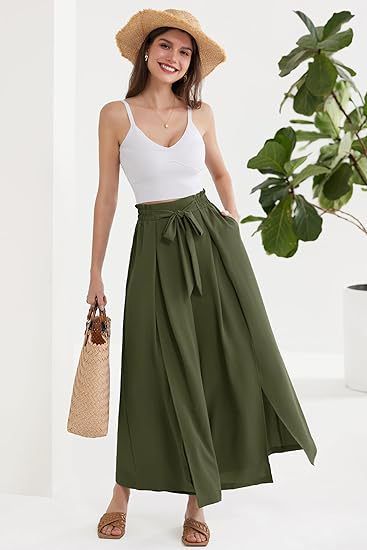 Calça Palazzo Feminina Leve, Casual, de Cintura Alta, com Bolsos e Fenda - Calça Larga e Flutuante para o Verão_voghion.com