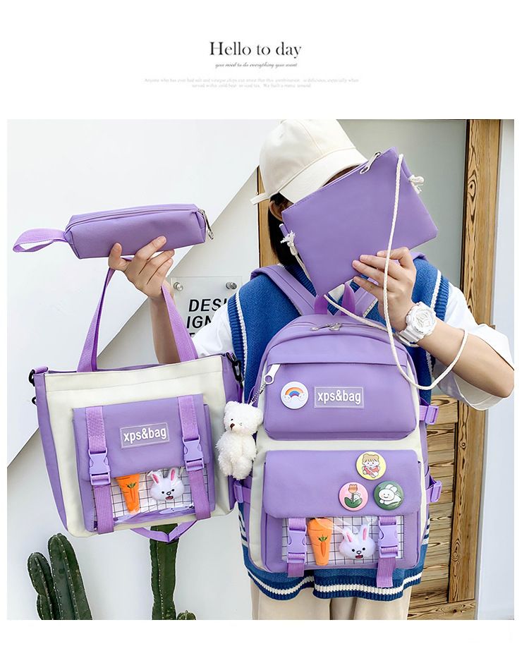 Mochila de estudante de quatro peças para meninas, alunos do ensino fundamental e médio, mochila de lona com cores contrastantes_voghion.com