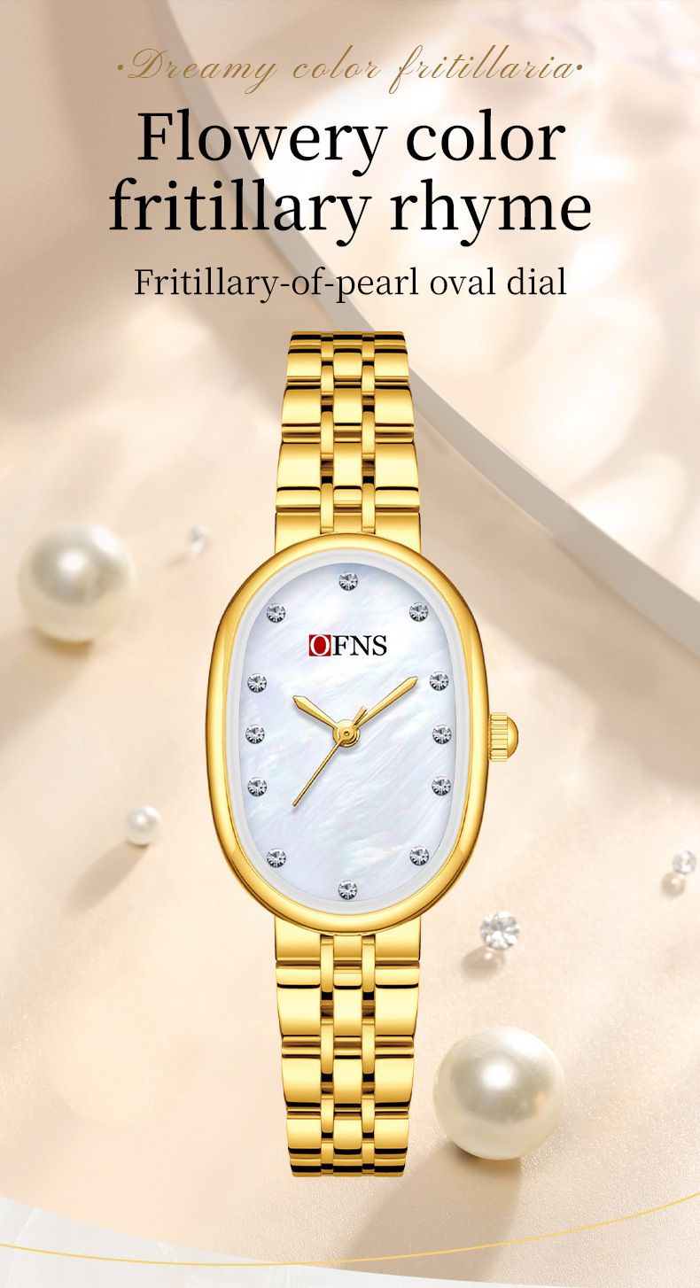 Elegante, wasserdichte Quarzuhr für Damen mit Perlmutt-Zifferblatt und Diamant-Akzenten – Edelstahlarmband, ovale Form, lässiger Stil_voghion.com