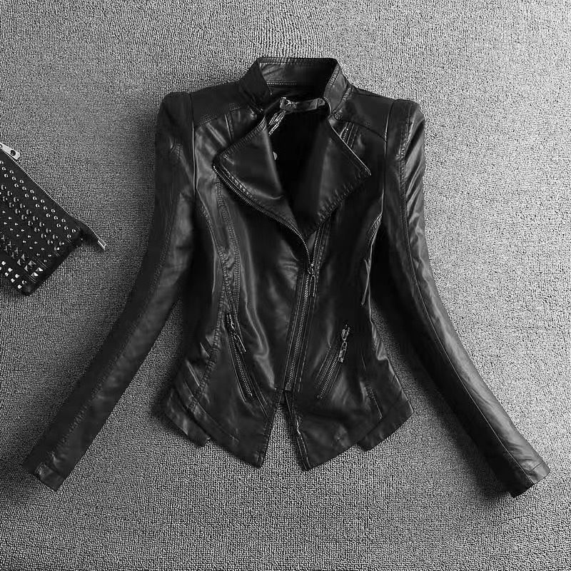 Veste de moto courte et polyvalente en cuir pour femme, coupe ajustée, col montant, style coréen, printemps-automne 2023_voghion.com