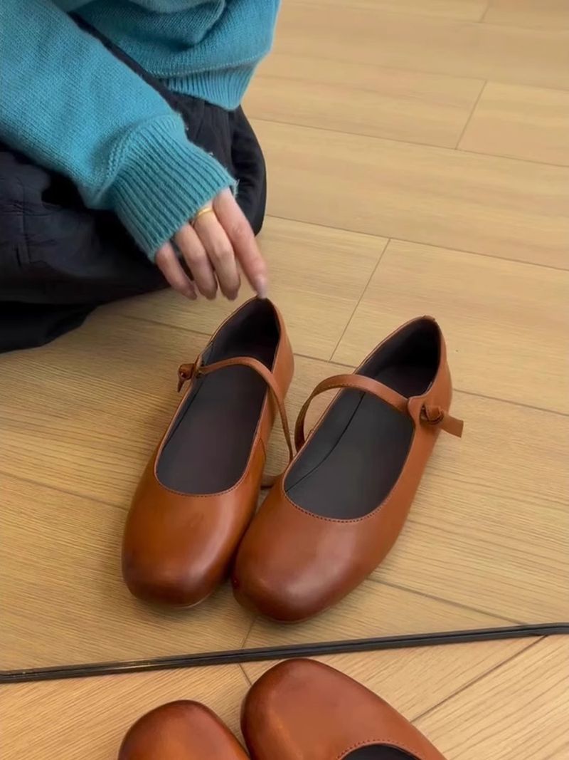 Lancui~ Brown Simple Flat Mary Jane Shoes For Women French Style One Strap Shallow Mouth Versatile Ballet Flats_voghion.com
