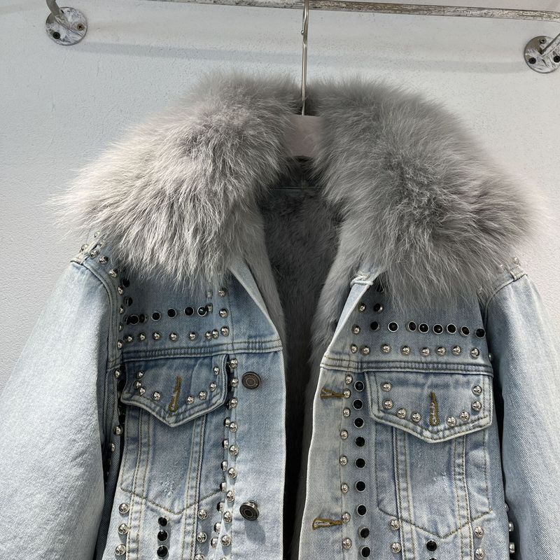 Damen-Parka mit Denim-Fellfutter, herausnehmbarem Kaninchenfellfutter und Fuchspelzkragen – Winterwärme in Hellblau und Schwarz_voghion.com