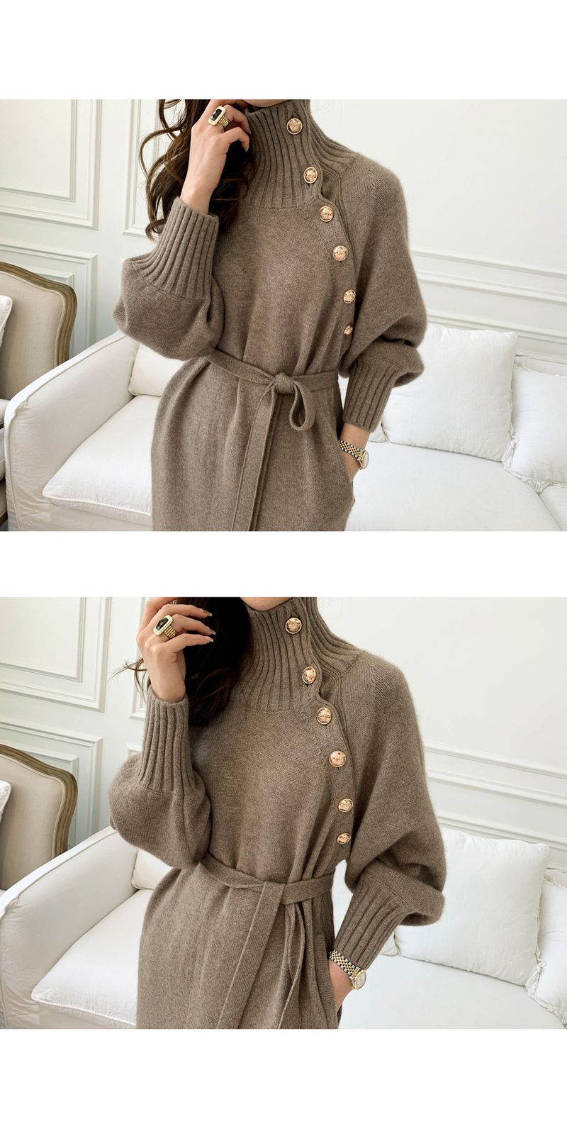 Abbigliamento da donna, abito lavorato a maglia con lacci in vita, maglione lungo versatile a collo alto dimagrante e sciolto per donna_voghion.com