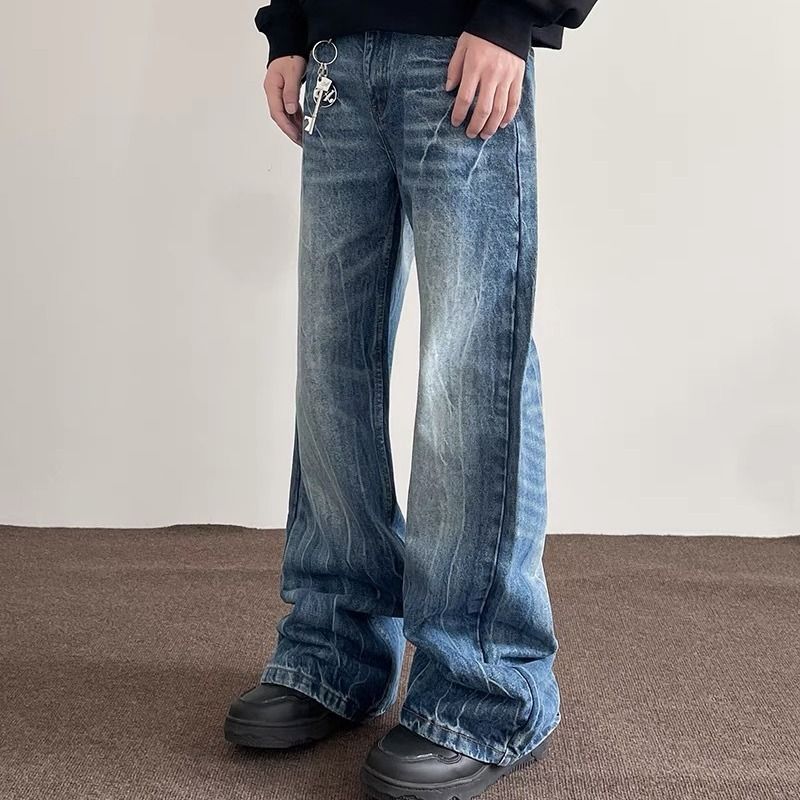 Jeans da uomo in denim effetto screpolato - Pantaloni bootcut a gamba dritta blu vintage (azzurro, dalla S alla XXL)_voghion.com