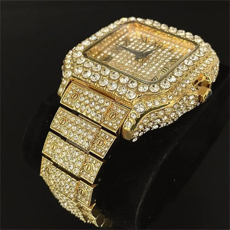 2023 Nieuwe Iced Horloge Herenmode Merk MISSFOX Automatische Datum Roestvrijstalen Klok Hip Hop Diamant Vierkant Goud_voghion.com