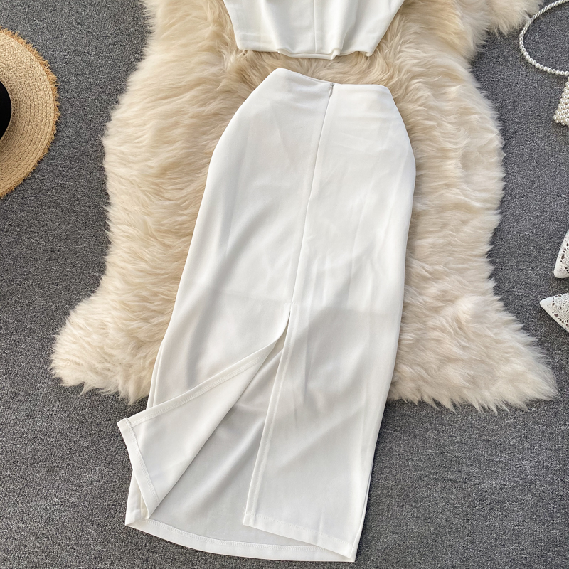 Ensemble de vêtements pour femmes, couleur unie, col rond, gilet, haut court, taille haute, hanche, jupe mi-longue, ensemble deux pièces pour femmes_voghion.com