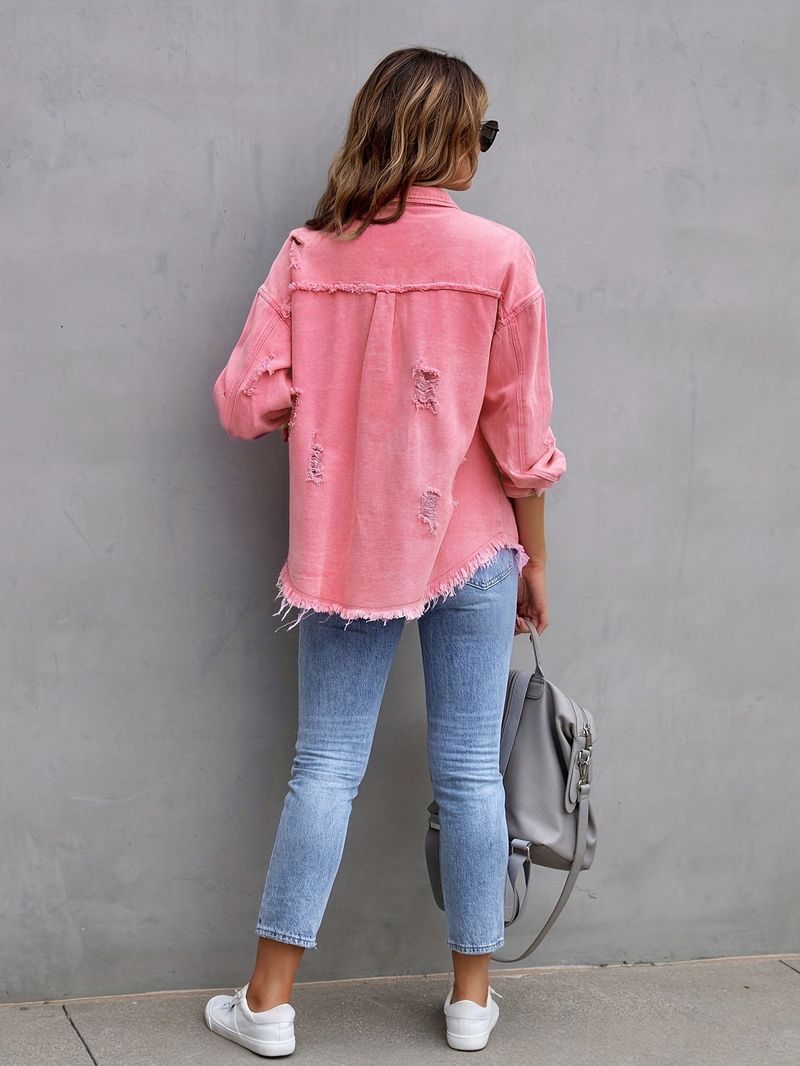 Giacca in denim effetto consumato, camicia oversize a maniche lunghe da donna, stile casual streetwear, cappotto vintage in 16 colori_voghion.com