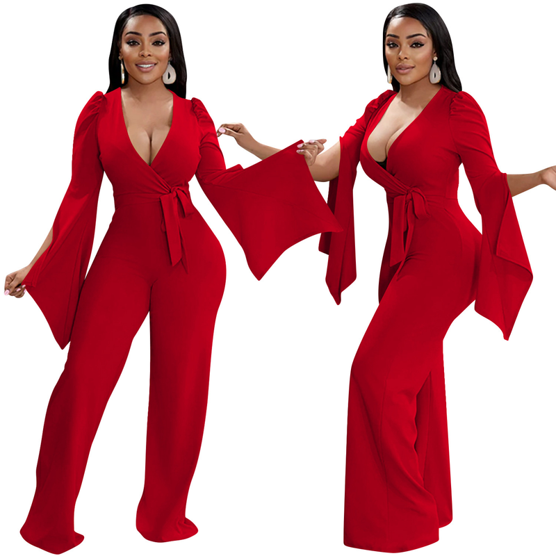 Dametøj nyt produkt ensfarvet sexet dyb V-rem plisseret brede ærmer lange bukser jumpsuit til kvinder_voghion.com
