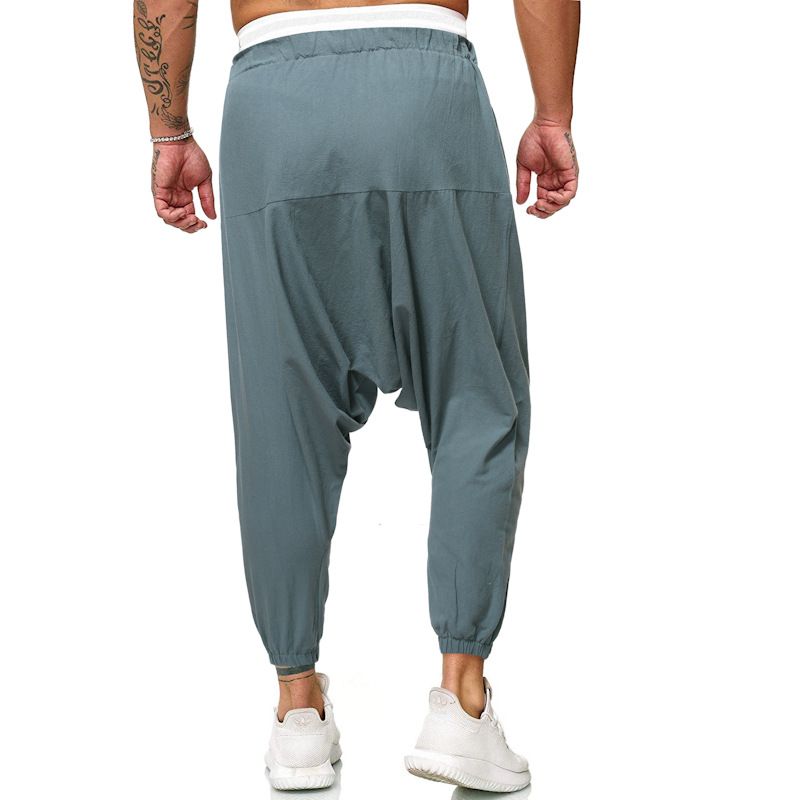 Man's Spring and Autumn fFashion Cotton and Linen Loose Cross-gear Pants Solid Color Beamed Feet Nine-point Pants_voghion.com