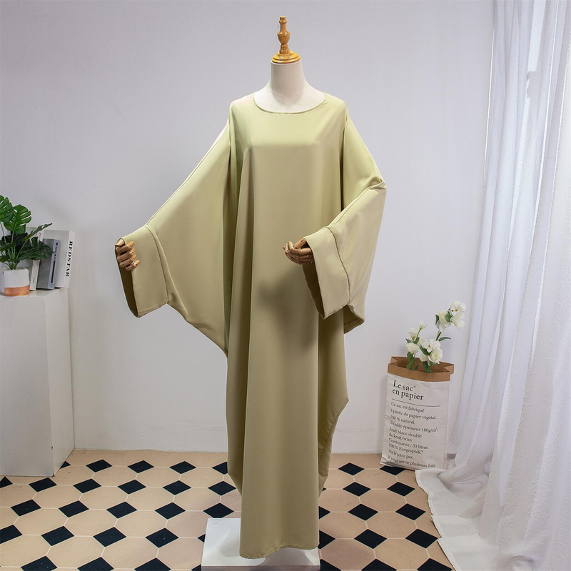 Dammekleeder Einfarweg Arabesch Kleed Fraekleed mat Kappduch Abaya Casual Loose Fliedermausärmel Robe_voghion.com