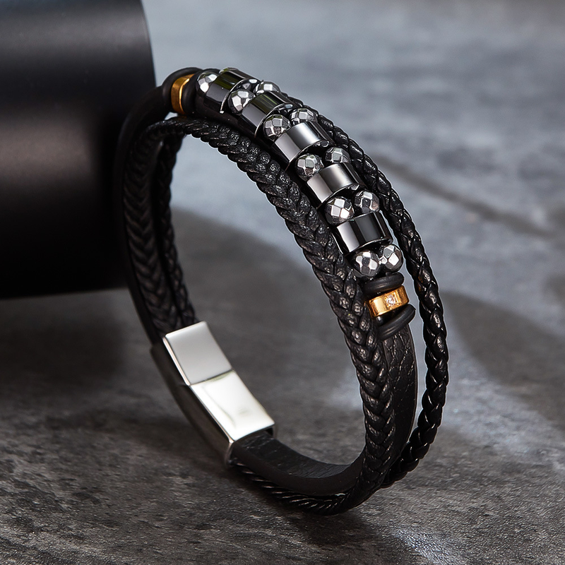 Mehrlagiges gewebtes Lederarmband mit Hämatit-Lederarmband für Herren_voghion.com