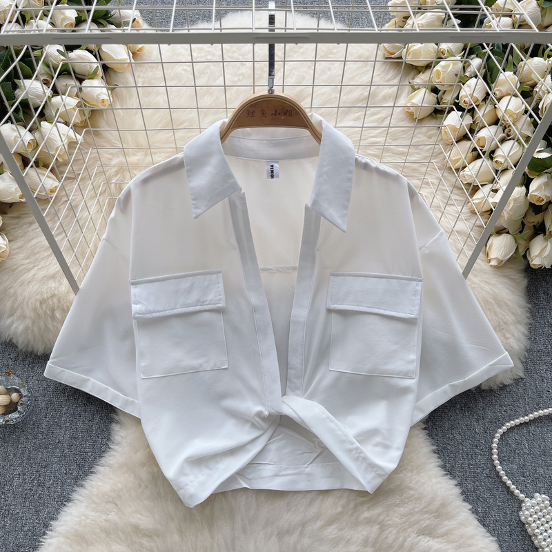 Roupas femininas doce legal quente estilo menina lapela camisa de manga curta feminina verão com decote em v design torcido sentido lindo nicho puro desejo umbigo topo_voghion.com