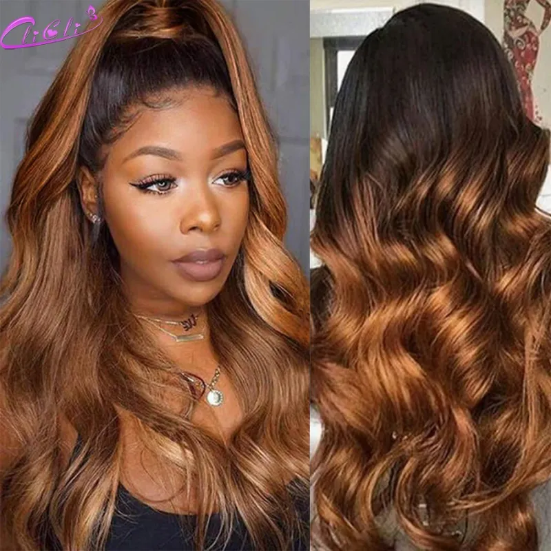 Peluca de cabello humano ombré 1B/27 en oferta con ondas corporales, encaje frontal HD para mujer, rubio miel, sin pegamento, 13 x 4_voghion.com