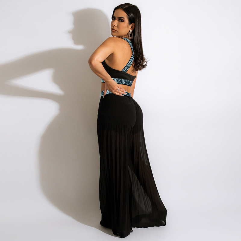 Abbigliamento da donna in chiffon multicolore ad alta temperatura che modella la tracolla elastica pieghettata in due pezzi moda estiva_voghion.com
