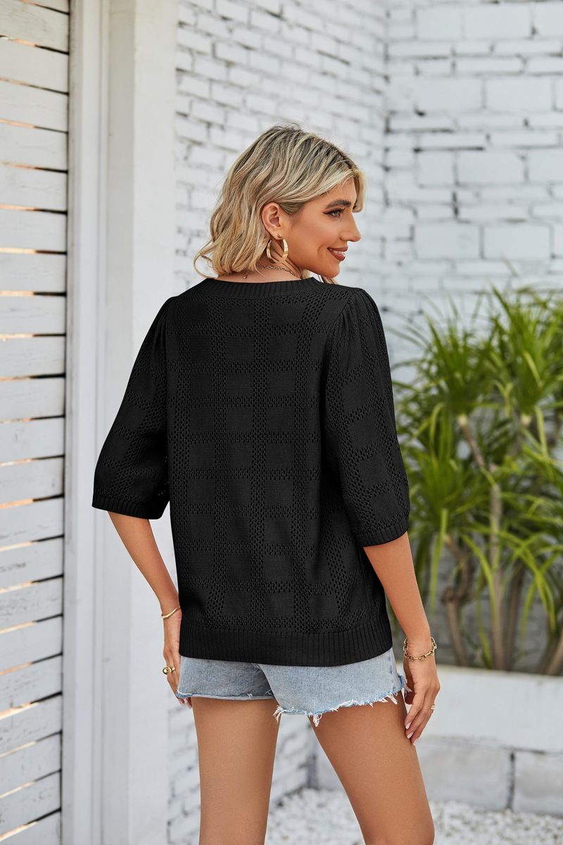 Damen Sommer Strick-Überwurf-Shirt Lockere Passform Rundhalsausschnitt Spitze Hohl-Out Ärmelloses Top In Weiß, Schwarz, Hellblau, Pink_voghion.com