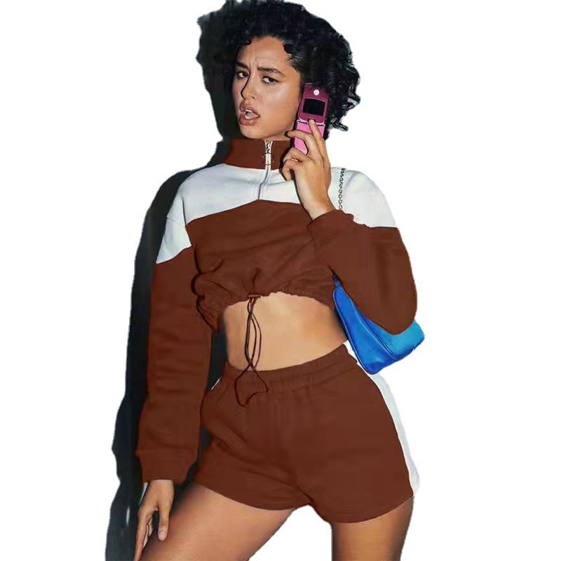 Women's Clothing color-blocked drawstring casual shorts women's sweatshirt set two-piece set_voghion.com