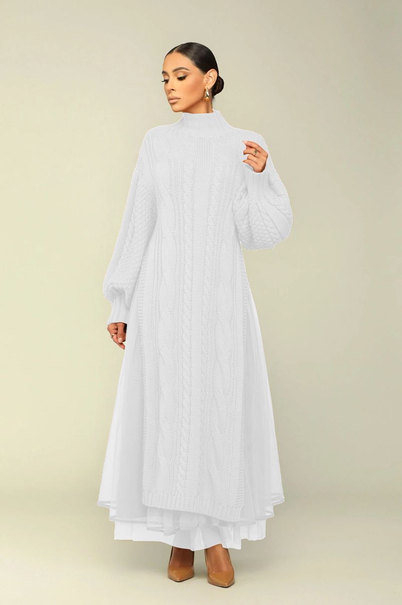 Completo da donna in maglia a strati - Pullover a maniche lunghe con collo alto e vestibilità ampia (bianco/nero/rosso/verde/marrone chiaro/rosa)_voghion.com