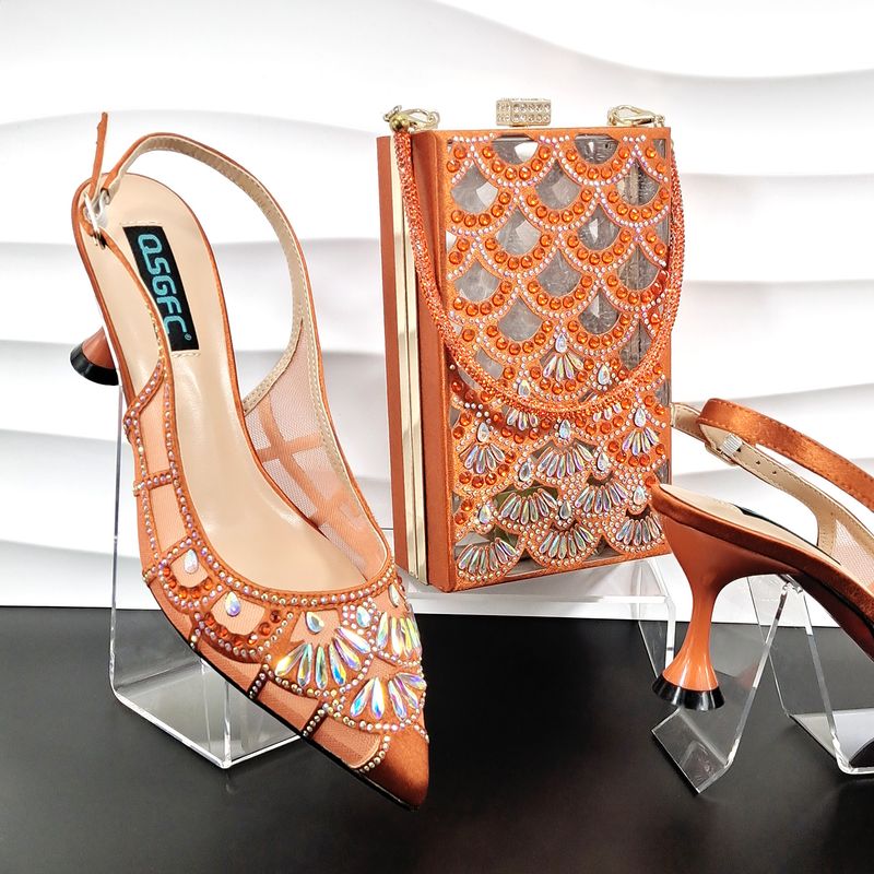 Scarpe da donna con tacco alto a punta cava in rete e pochette cava a squame di pesce Set di scarpe e borse da donna sexy e alla moda_voghion.com