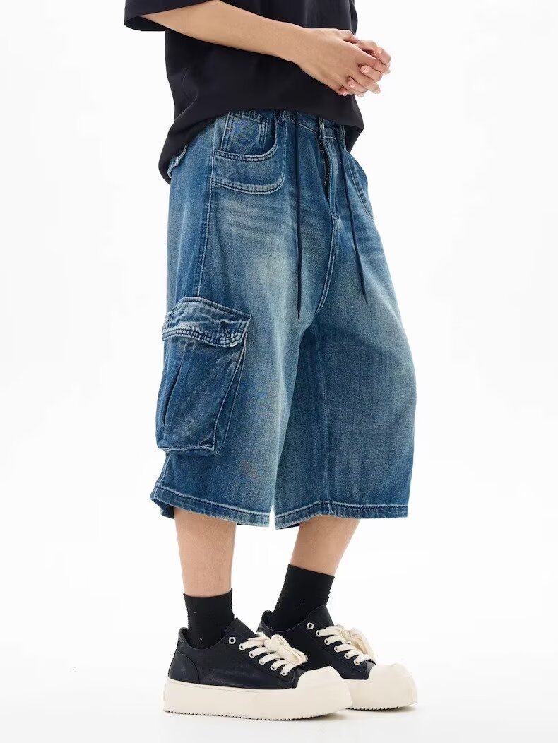 Summer New American Style Loose Fit Three-Dimensional Pocket Capri Pants Unisex Cargo Denim Shorts Versatile Slimming_voghion.com