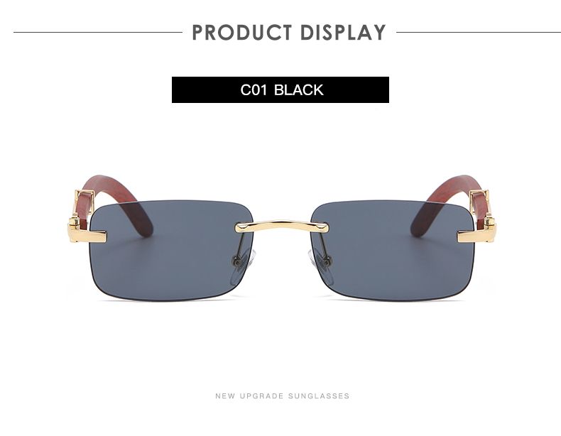 Occhiali da sole rettangolari senza montatura alla moda da donna, occhiali da vista quadrati vintage, design retrò, montatura in legno, occhiali da sole sfumati_voghion.com