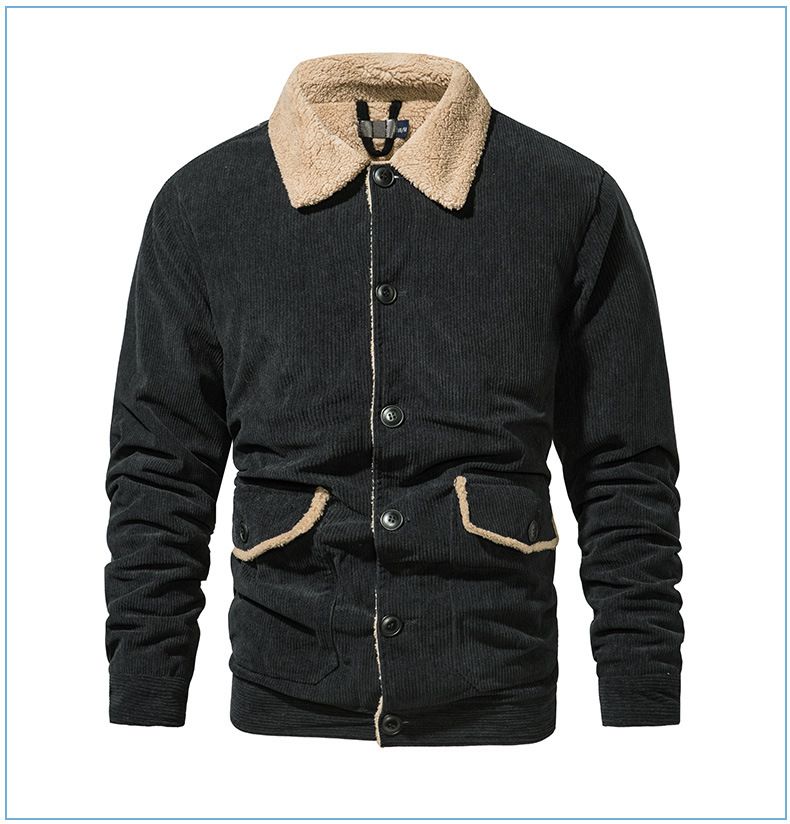 "Herrenjacke aus Cord und Lammfell mit Revers – Plüschiger, dicker Mantel in großer Größe (Schwarz/Grün/Hellbraun, S-XXL)"_voghion.com