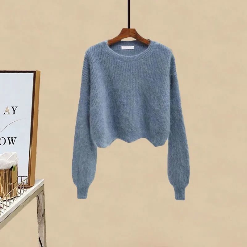 Women's Clothing Plus Size Autumn Suits Age Reducing Wavy Edge Short Sweater Slim Skirt Two Piece Suit_voghion.com