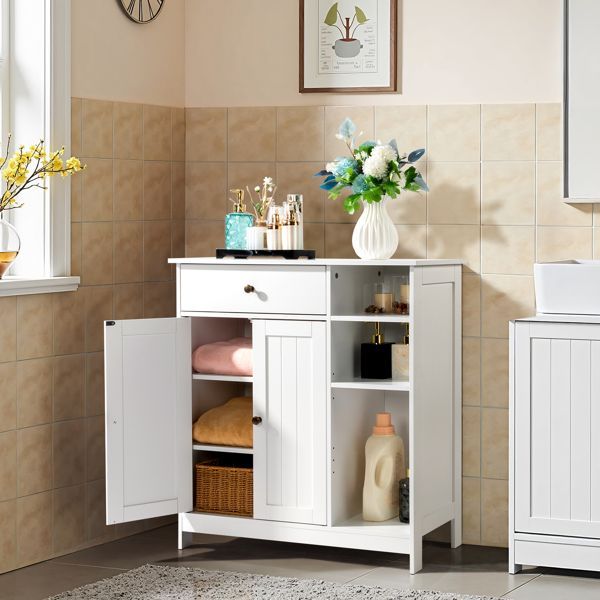 Double-Door Bathroom Cabinet With 2, Adjustable Panels, 1 Drawer And 3 Side Shelves, White_voghion.com