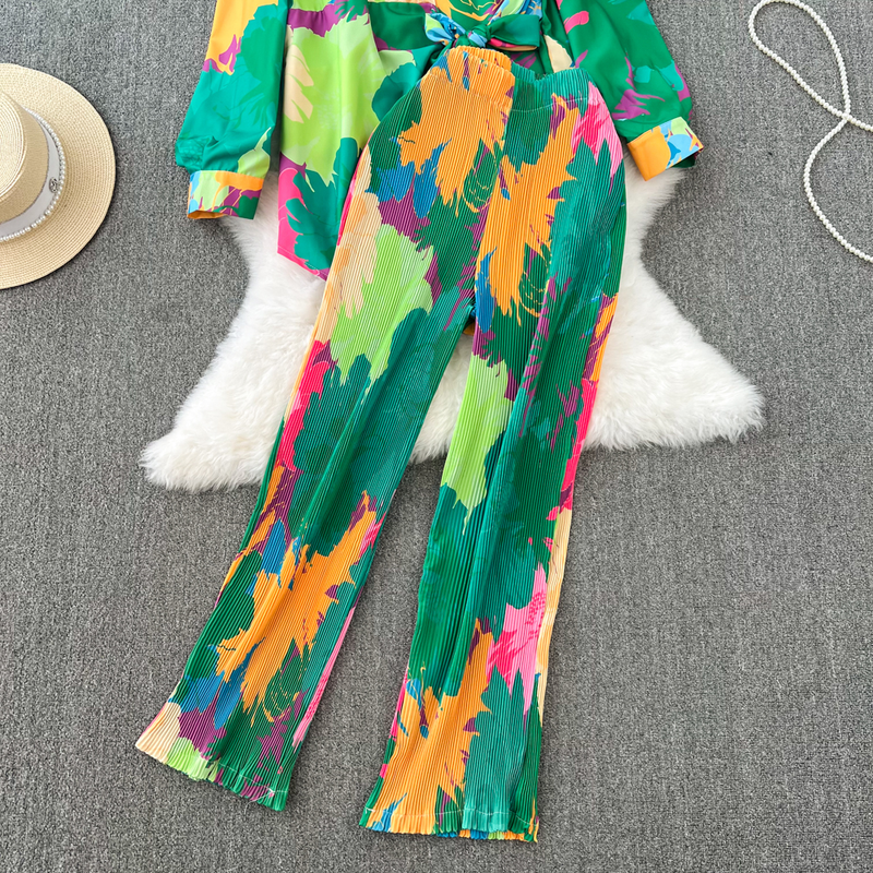 Modesæt til kvinder afslappet løs langærmet enkeltradet skjorte i to dele sæt højtaljede slankende tie-dye printede brede ben bukser_voghion.com