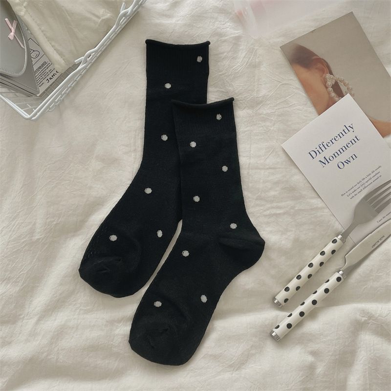 Ballet Style Thin Women's Mid-Calf Hollow Mesh Rolled Edge Slouch Polka Dot Summer Long Cotton Socks_voghion.com