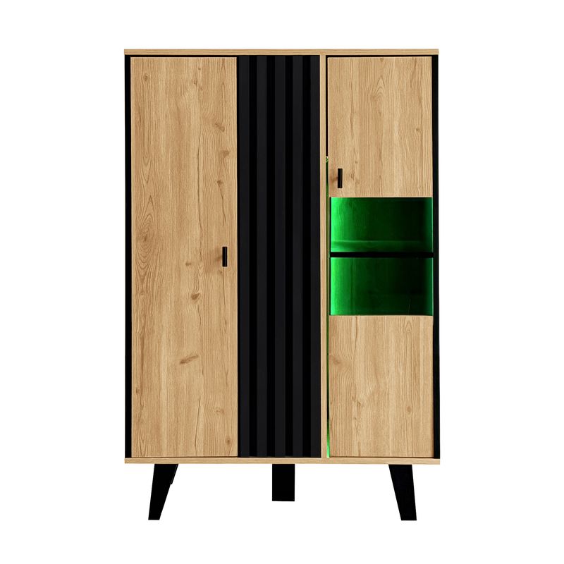 Buffet avec éclairage LED et verre, armoire en stratifié beige avec finition noire et bois, design unique à rayures noires_voghion.com