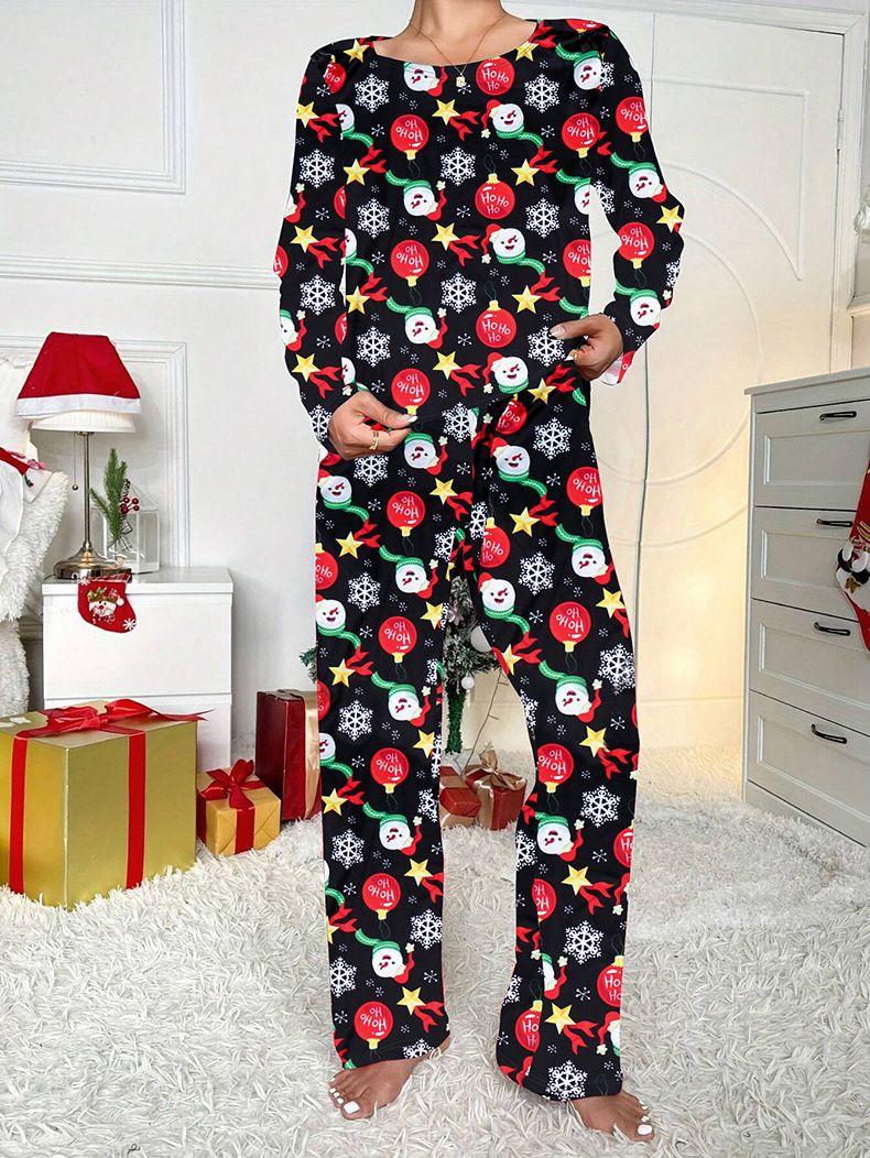 Pigiama a maniche lunghe semplice e comodo per autunno e inverno da donna, taglie forti, abbigliamento da casa natalizio_voghion.com